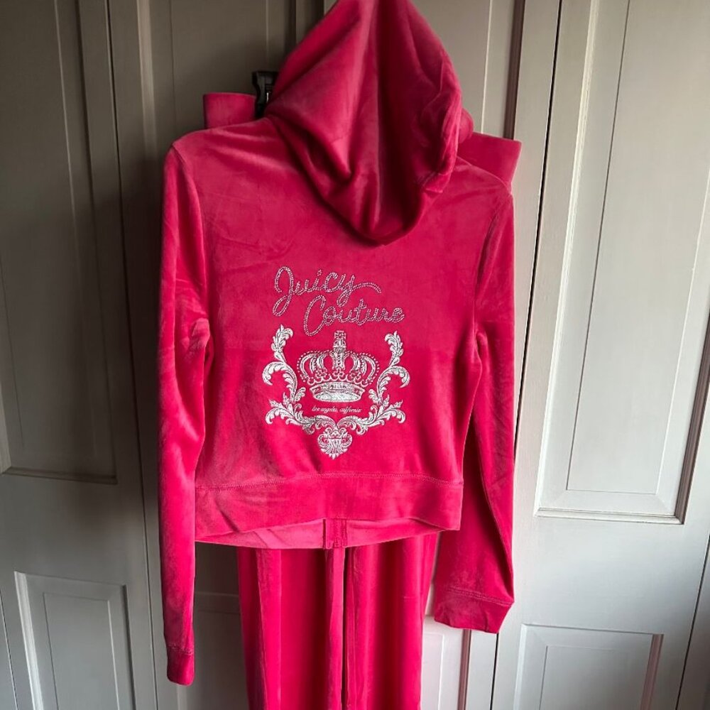 NWT $199 JUICY COUTURE Velour Bling Crown Tracksuit Set in Pink Party Size Med